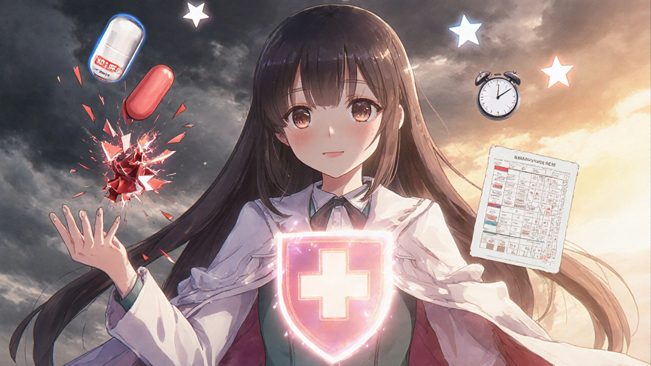A patient switching from a breaking immediate-release pill to a protective XR tablet surrounded by floating medical symbols.
