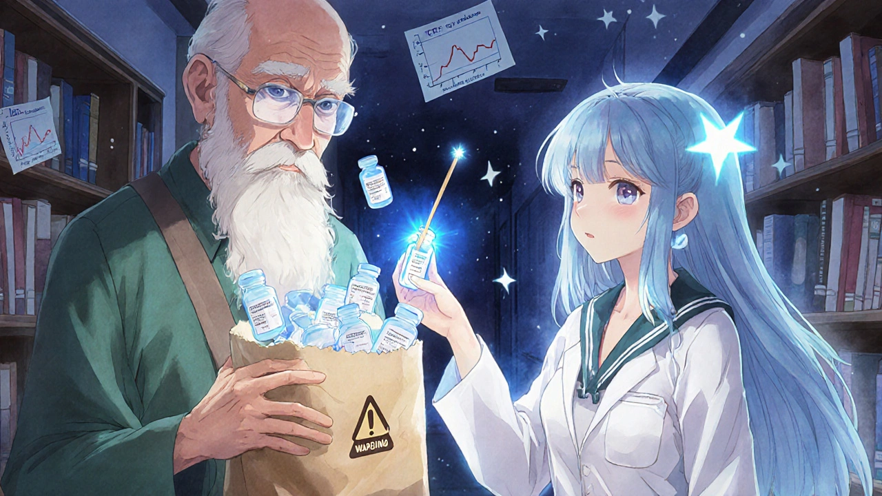 An old man with a brown bag of meds, being helped by a pharmacist spirit in magical girl style.
