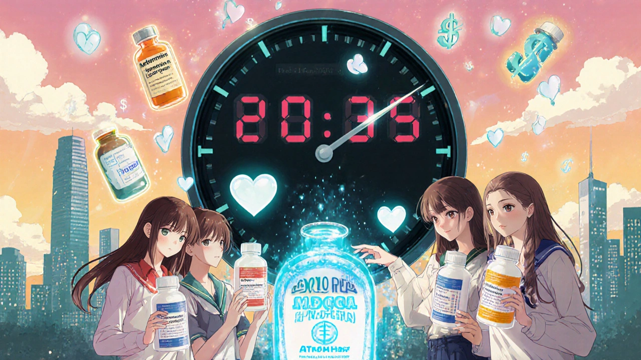Diverse characters standing before a 2025 countdown clock, generic meds turning into hearts with magical energy.