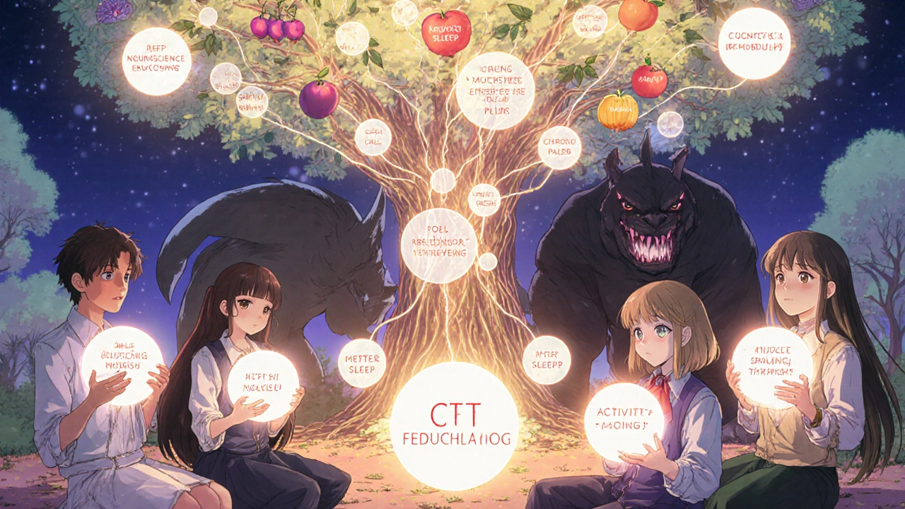 Diverse group holds glowing CBT skill orbs forming a healing tree of well-being.