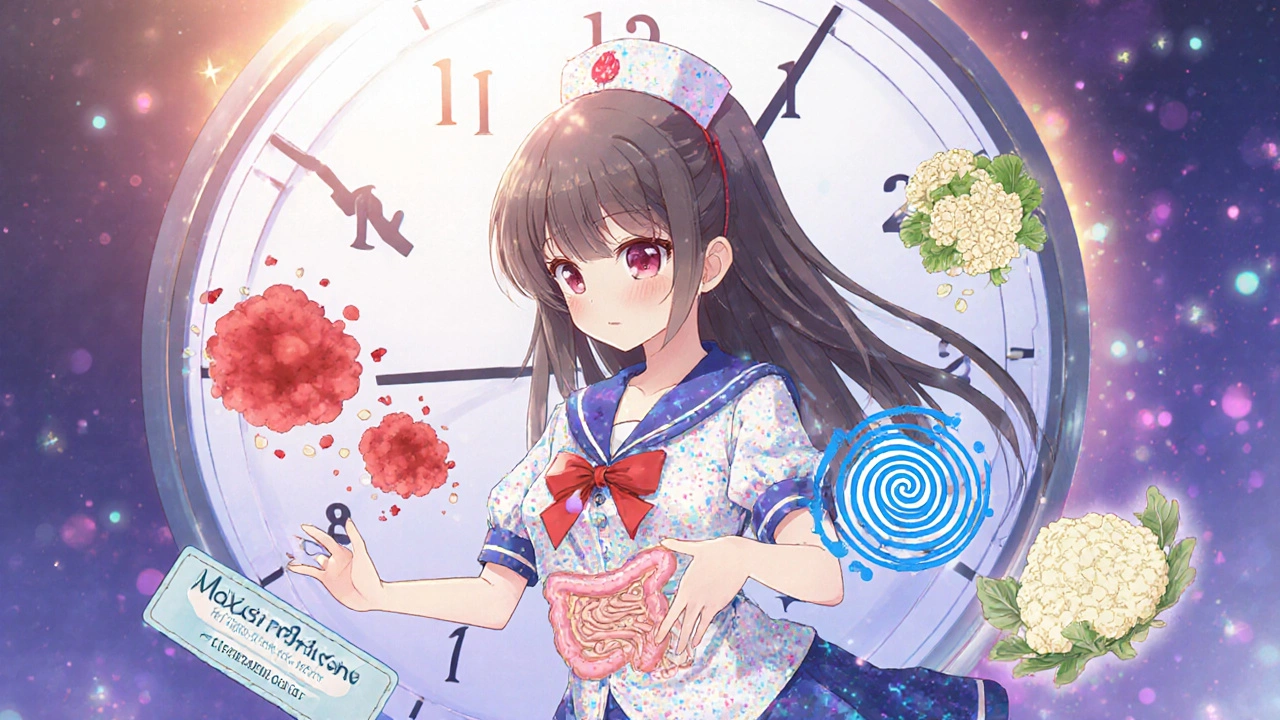 Girl casting a healing spell on her abdomen as gut bacteria transform into calm spirals