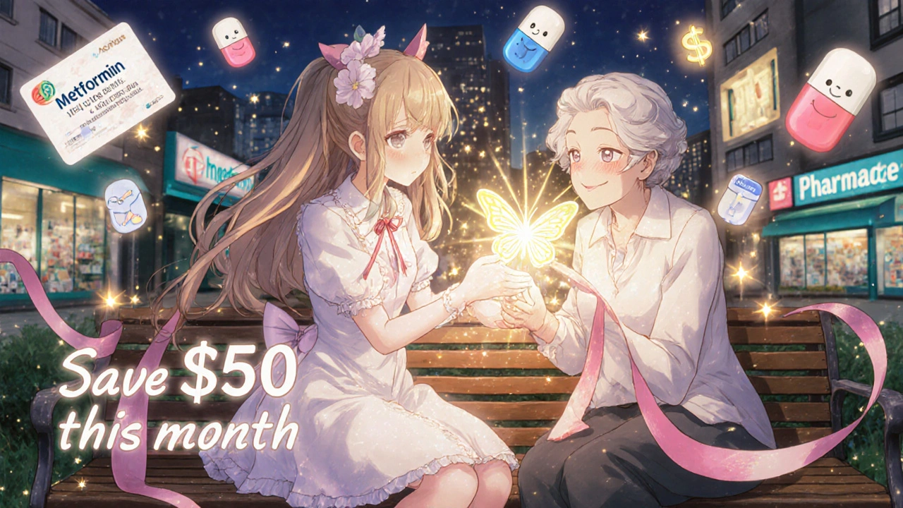 Girl gives a discount card to an elderly woman, turning medication costs into floating heart-shaped stars.