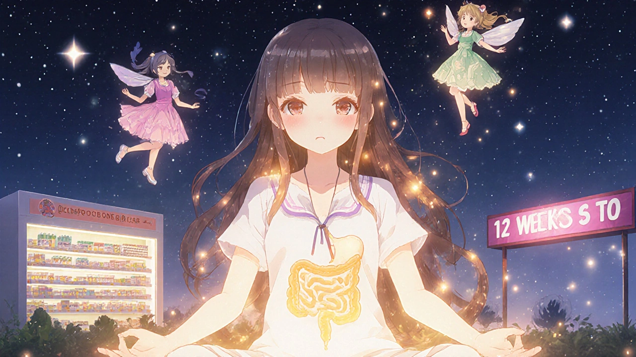 Girl meditating with probiotic fairies glowing under a starry night sky