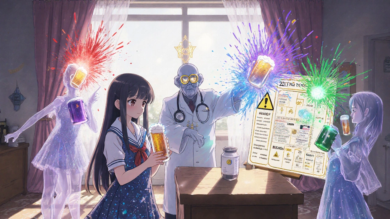Girl with non-alcoholic beer as ghostly versions of alcohol drinks cause colored explosions nearby.