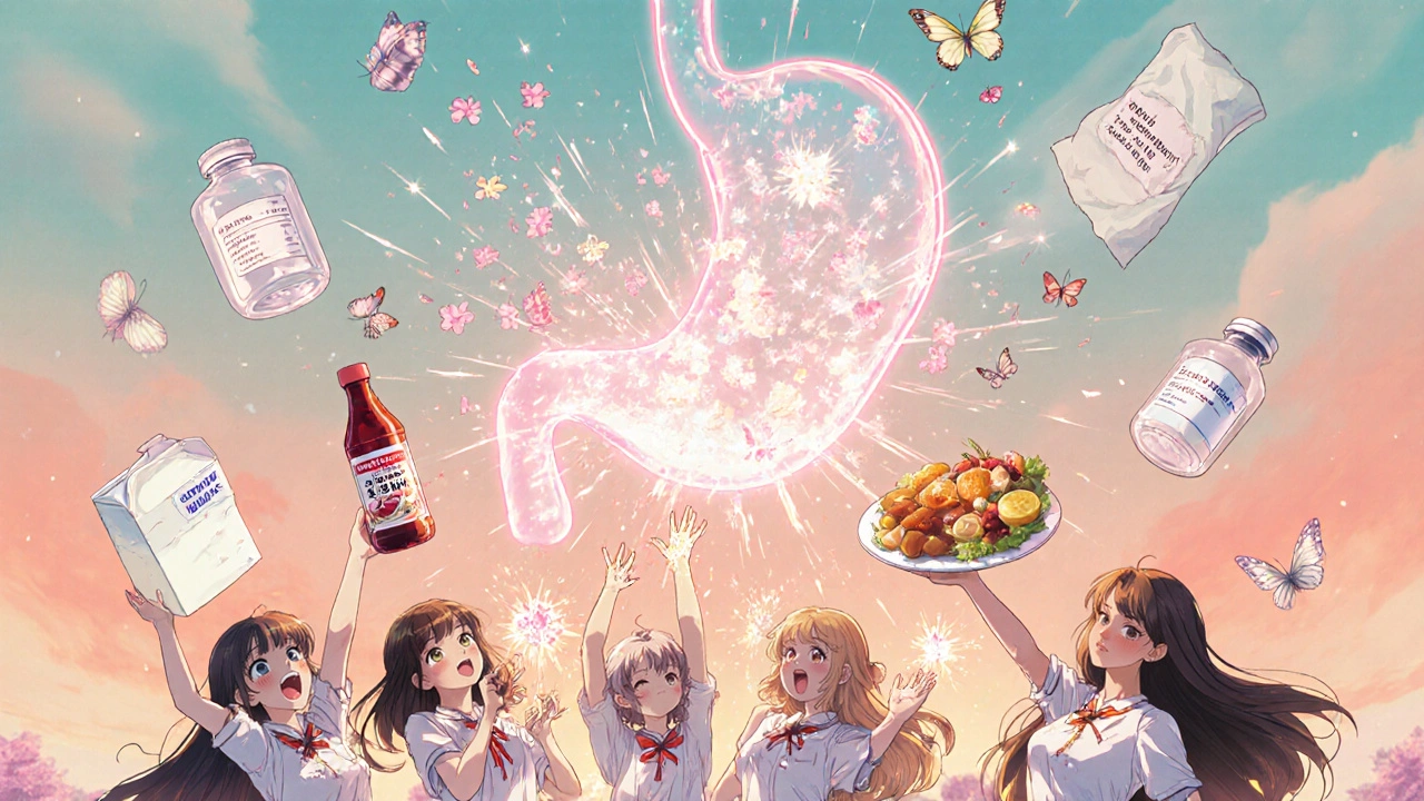 Group of teens shattering food triggers as a healthy esophagus glows above them with healing symbols.