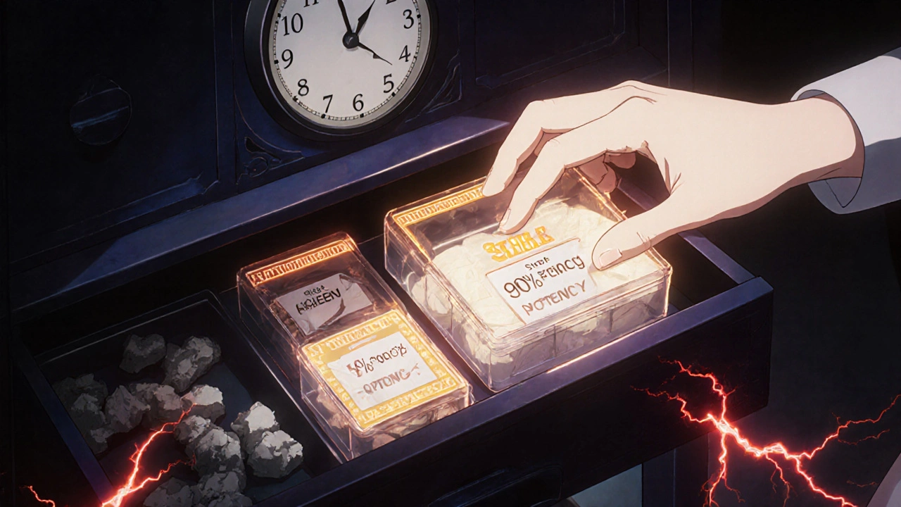 Hand opening a sealed container with preserved pills in a dark drawer, glowing labels floating above.