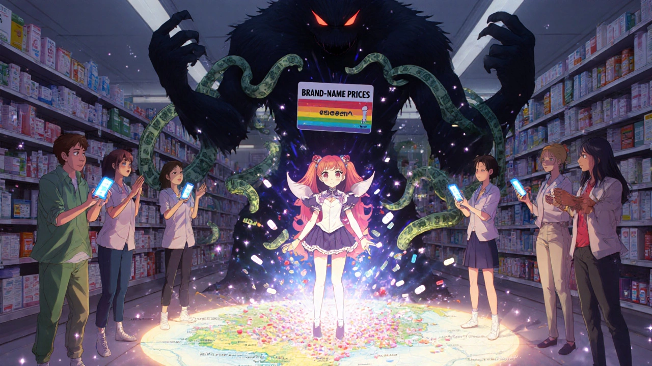 Heroine defeats a monster of expensive brand-name drugs with a magical discount card in a pharmacy.