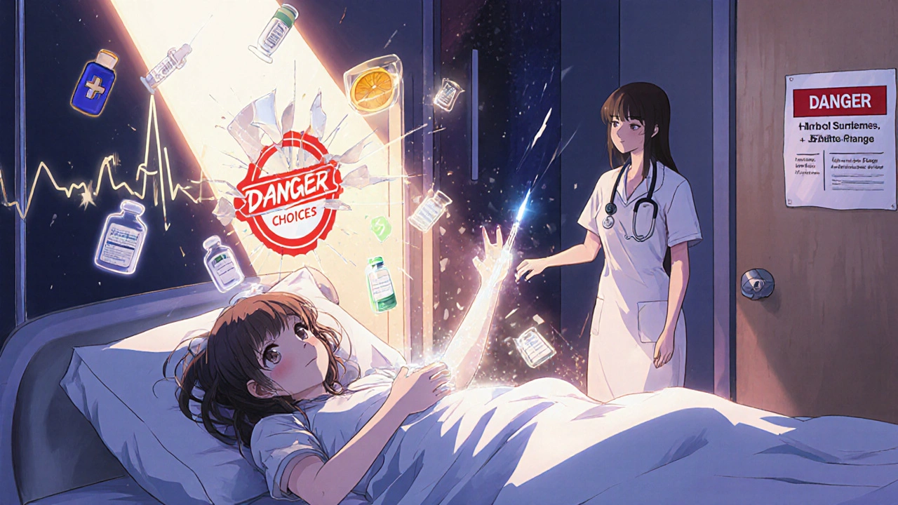 Hospital scene with a magical girl surrounded by breaking medical icons, reaching toward a safe choices door.
