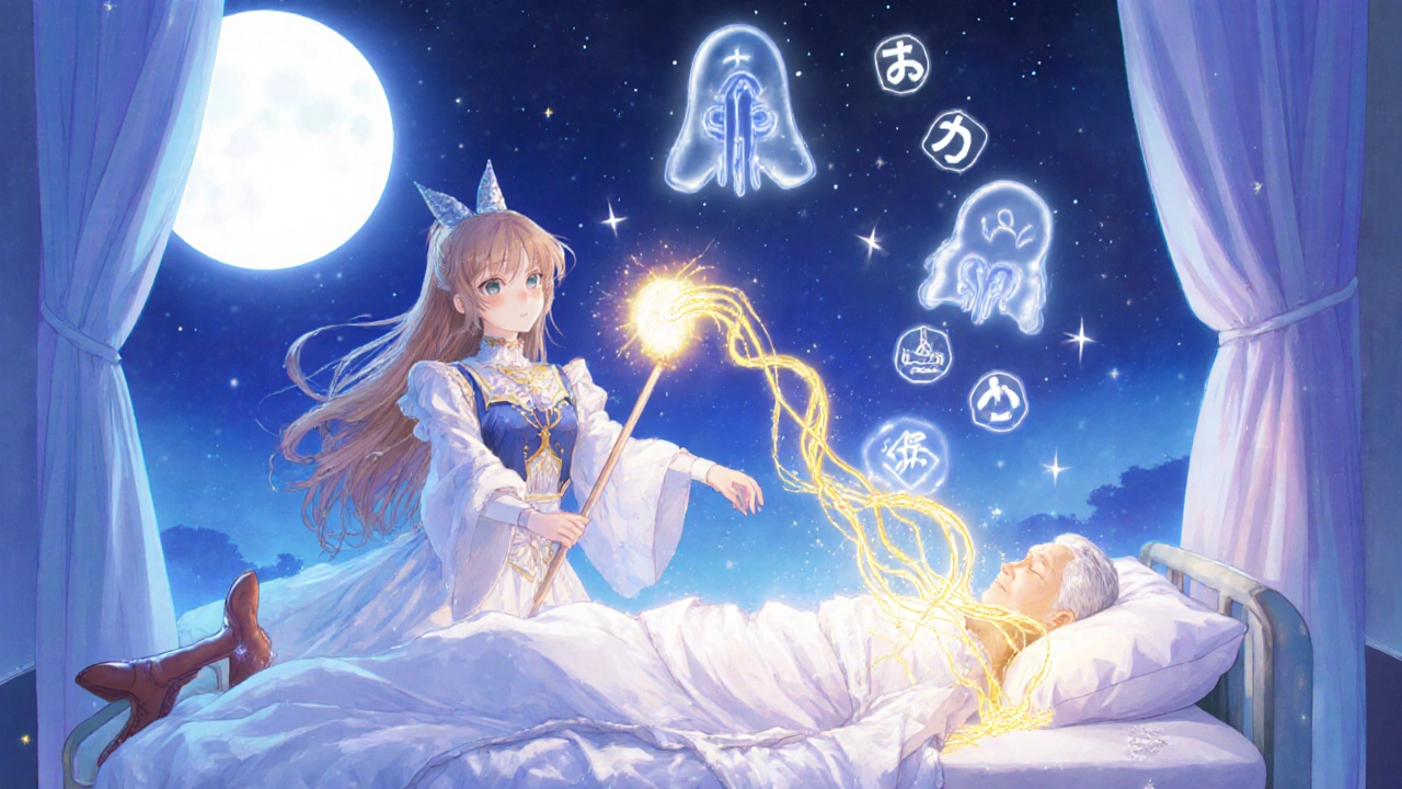 Magical girl casting healing energy over an elderly patient with warning symbols floating above.
