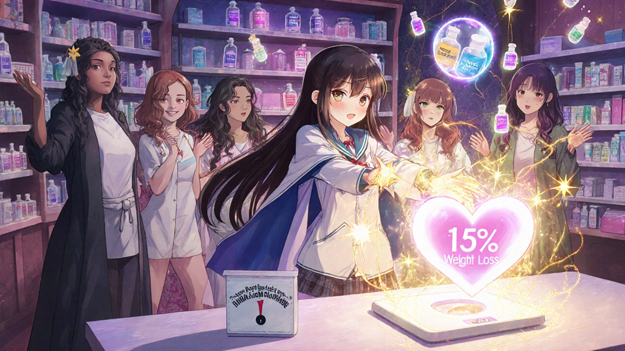 Magical girl casting spell over scale showing 15% weight loss, women shedding dark cloaks.