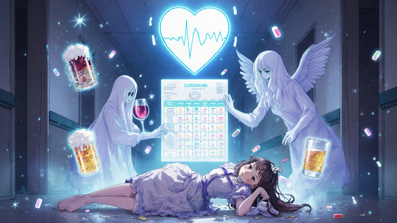 Magical girl collapsing in hospital as spectral drink figures loom, with a pharmacist offering a healing chart.