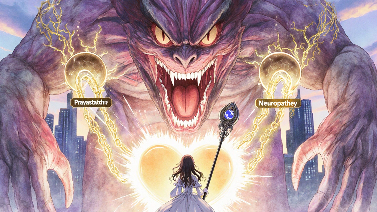 Magical girl defeating a cholesterol monster with pravastatin staff, heart glowing behind her as two healing paths open.