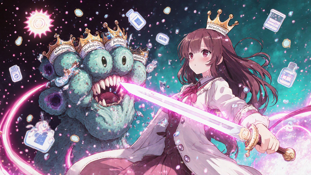 Magical girl fighting a multi-headed bacteria monster with a pill-bottle sword and water droplets.