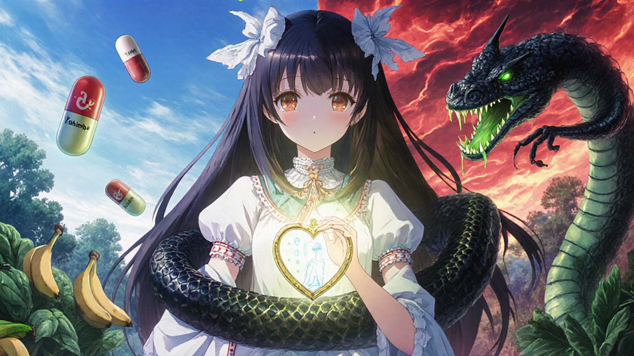Magical girl with a healthy heart locket, battling a dark yohimbe serpent that corrodes her medications.