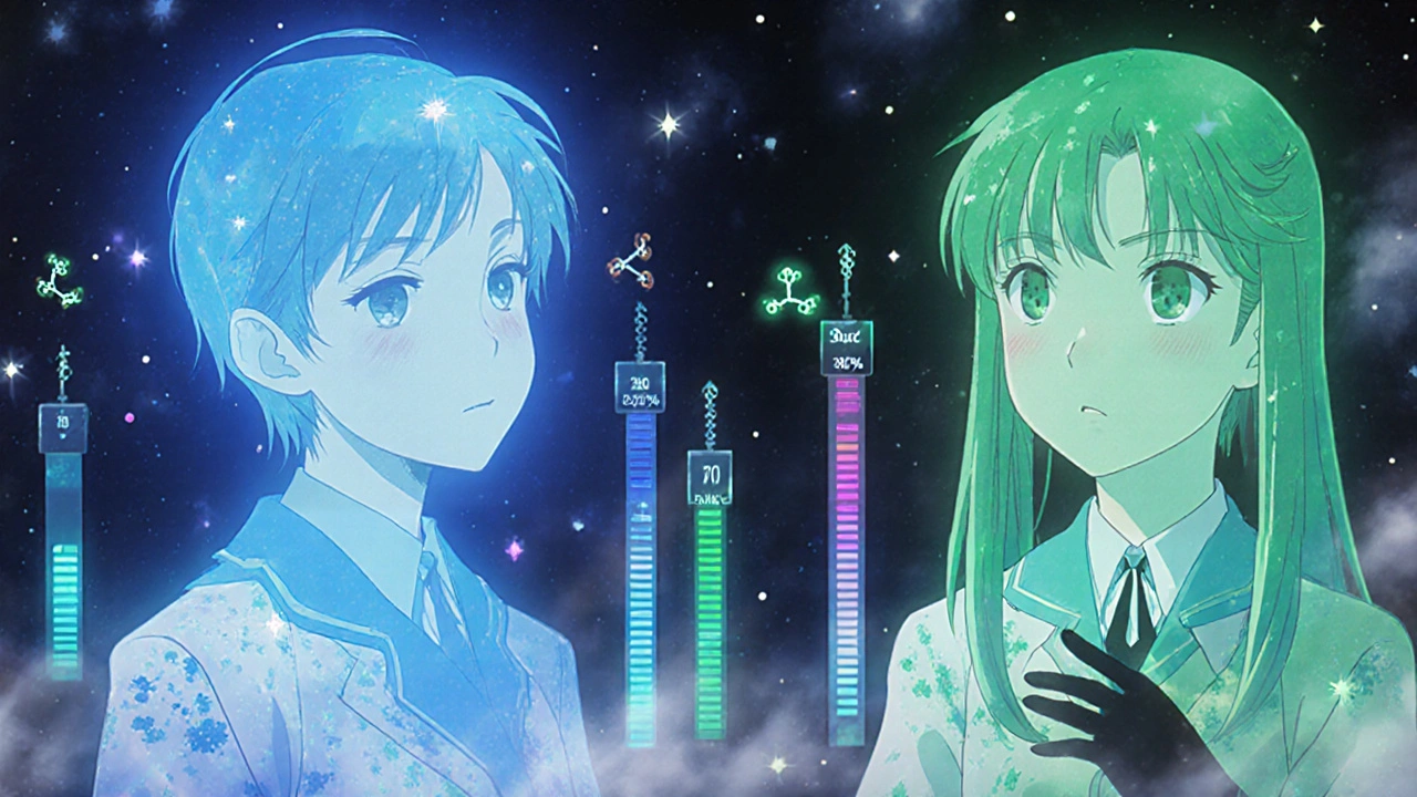 Magical scientists studying glowing human silhouettes with synchronized bloodstream absorption rates in a mystical lab.