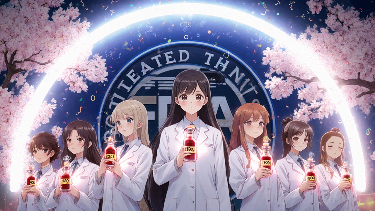 Magical warriors hold glowing blood vials forming a spectrum arc with scientific equations in the background.