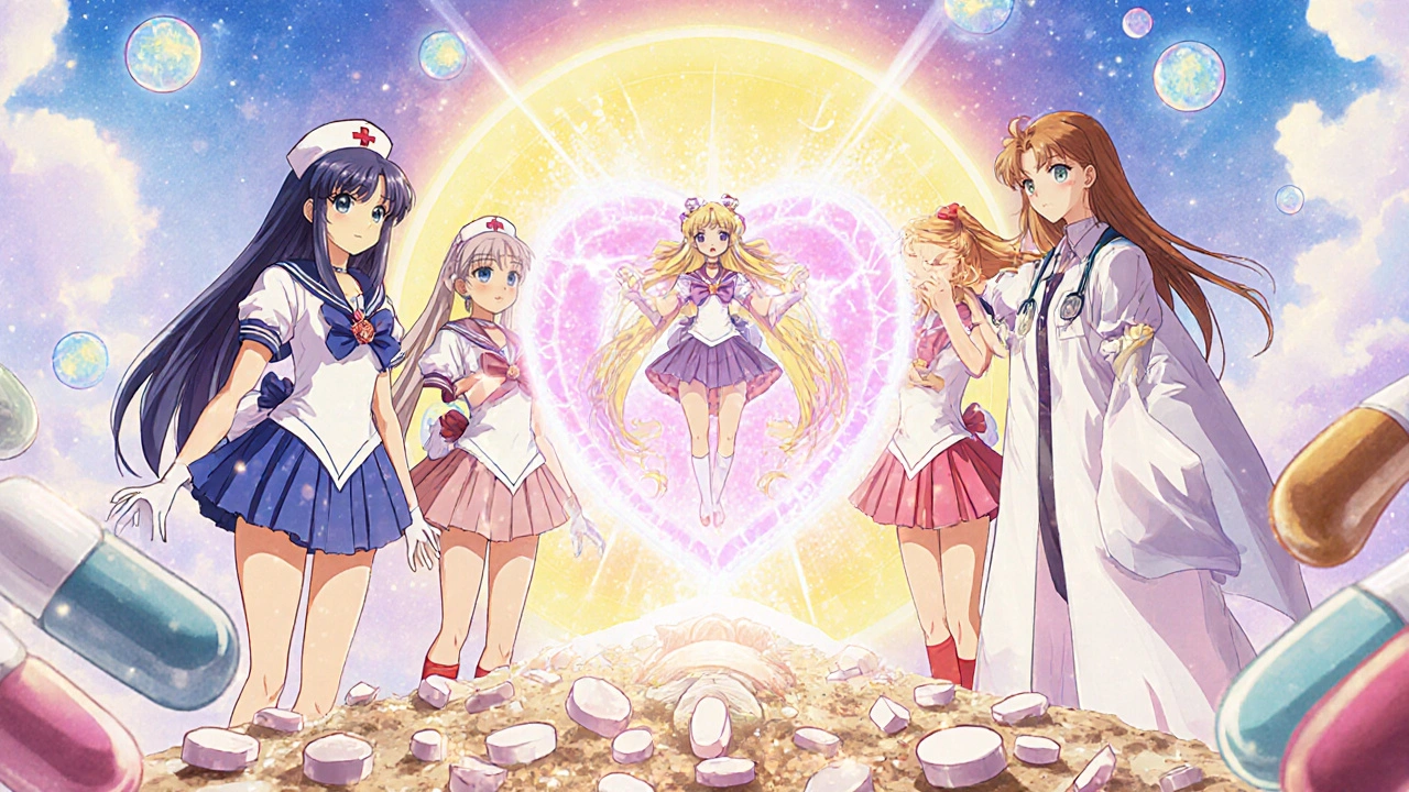 Medical heroes form a protective shield over a newborn as dangerous pills crumble to dust.