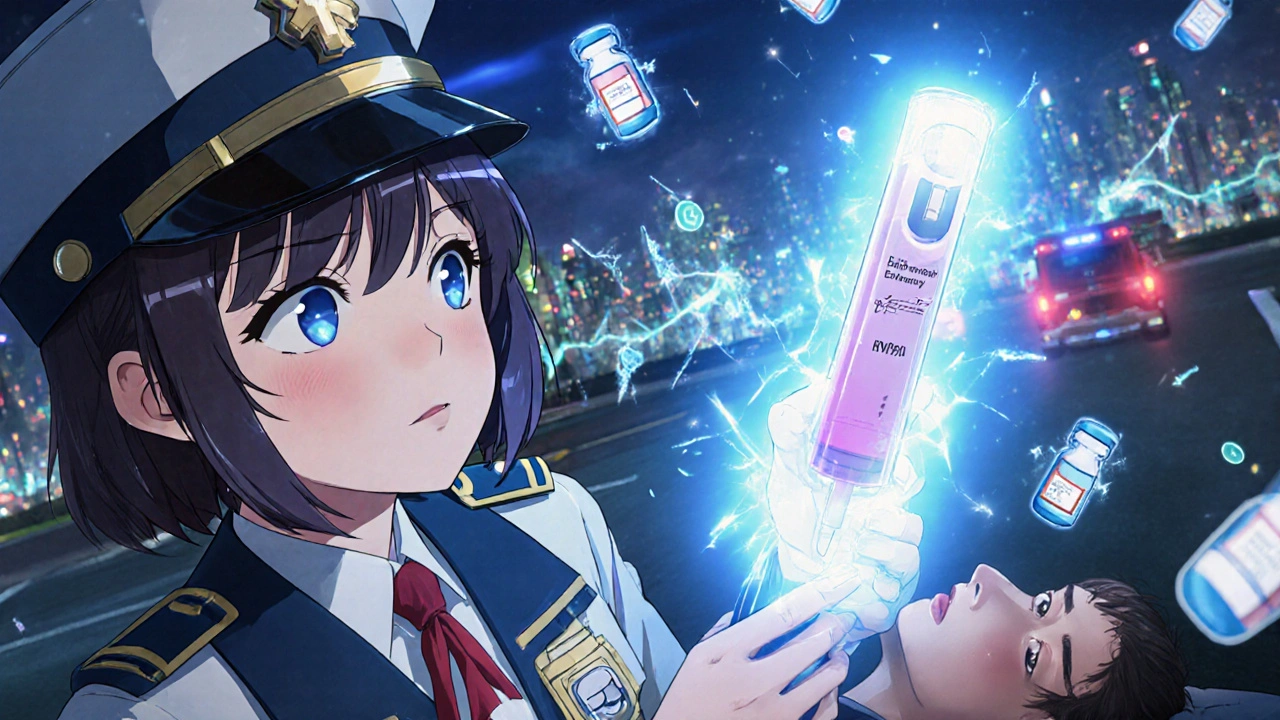 Paramedic using a holographic scanner to check potency of an expired EpiPen beside a patient.