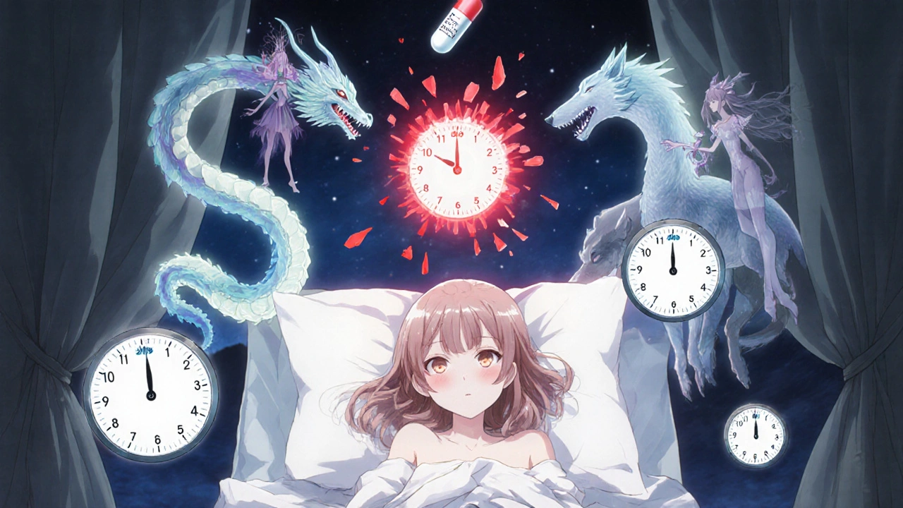 Patient in bed surrounded by clocks and spectral drug spirits, INR meter shattering into petals