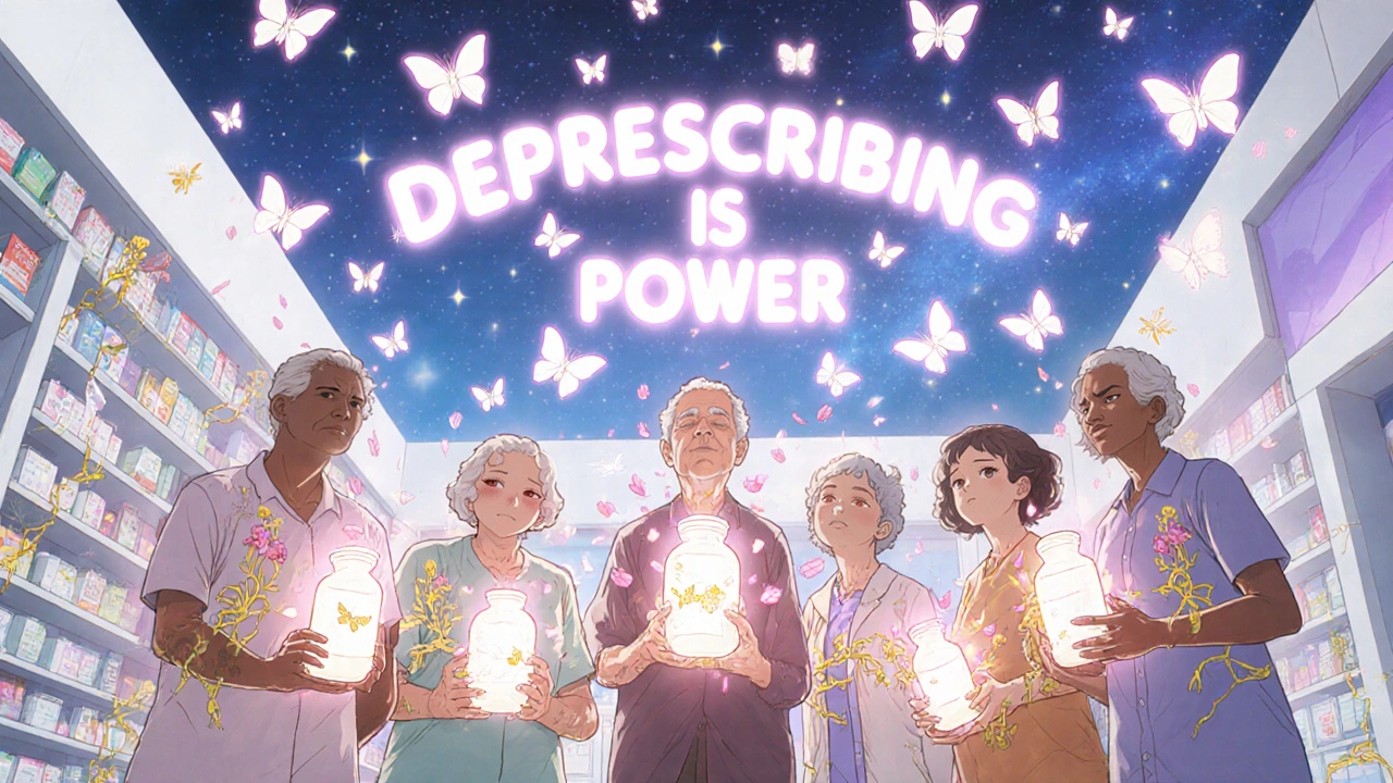 Seniors shattering medication bottles into butterflies, symbolizing deprescribing in anime style.