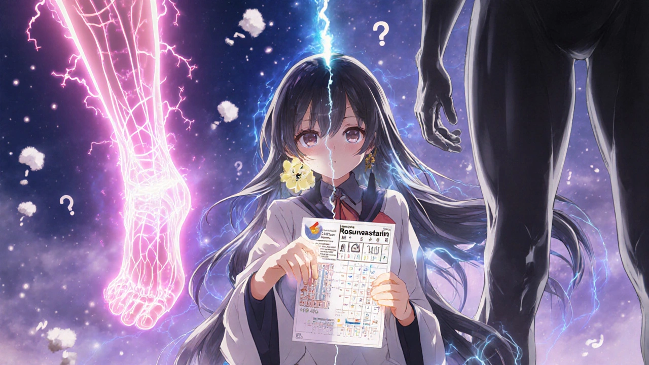 Split scene of tingling nerves and dimming muscles, girl reaching for a rosuvastatin charm amidst medical runes.