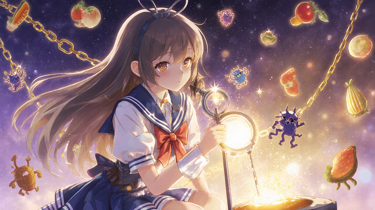 Teen girl using a glowing endoscope wand to heal a glowing esophagus while swallowing healing slurry.