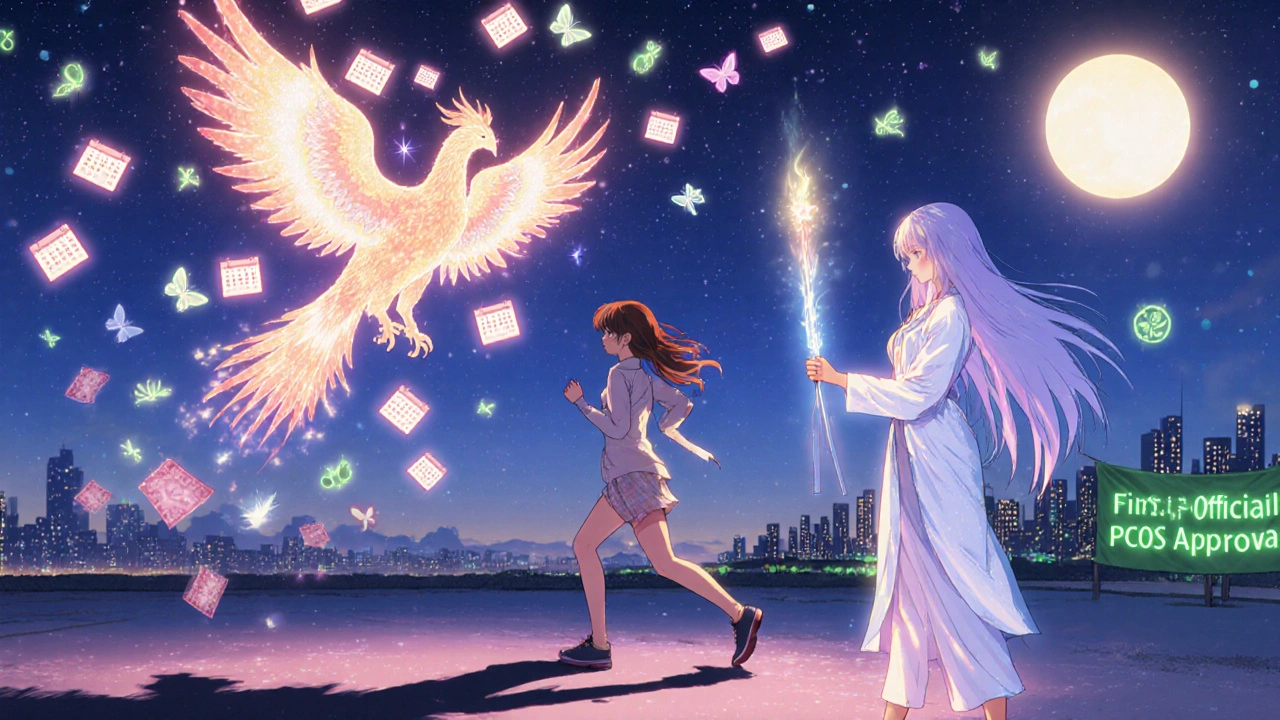 Woman jogging at night, shadow turning into phoenix of fat cells becoming butterflies.