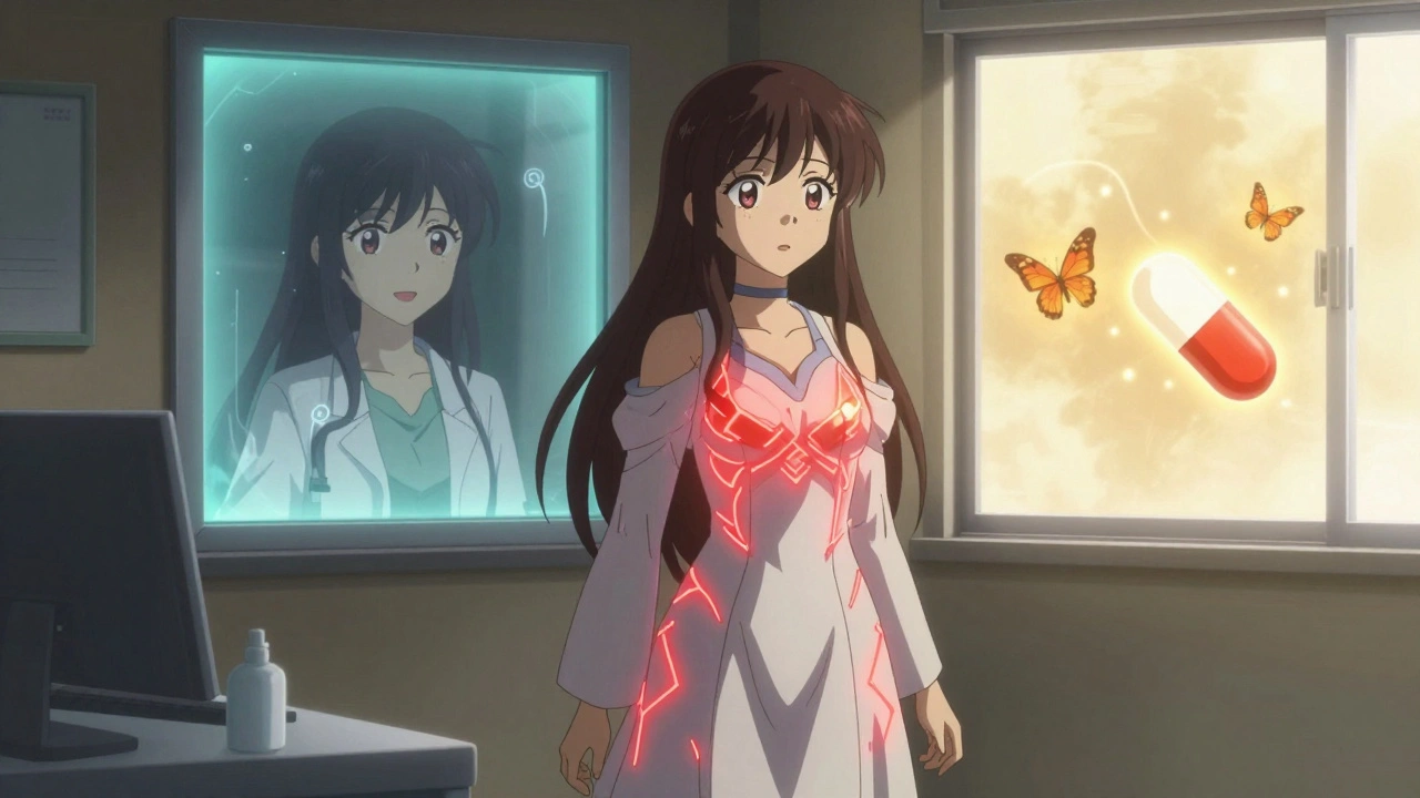 A girl in a magical uniform with glowing warning runes, facing a doctor as a peaceful version of herself emerges from a dissolving pill.