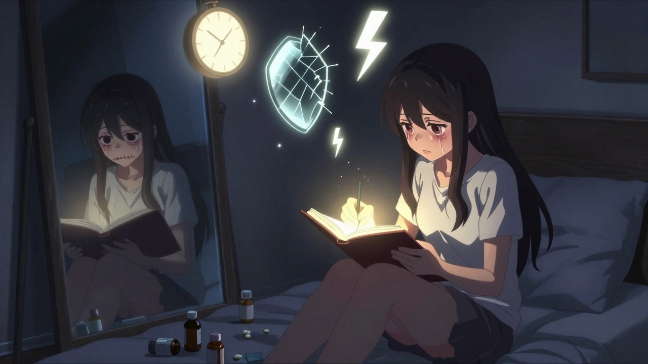 A girl writing in a journal as her distorted reflection shows eerie symbols of restlessness, alien thoughts, and impulsivity.