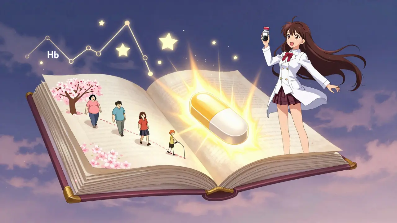 A glowing medical book reveals a slow-release tablet as stars form HbA1c shapes.