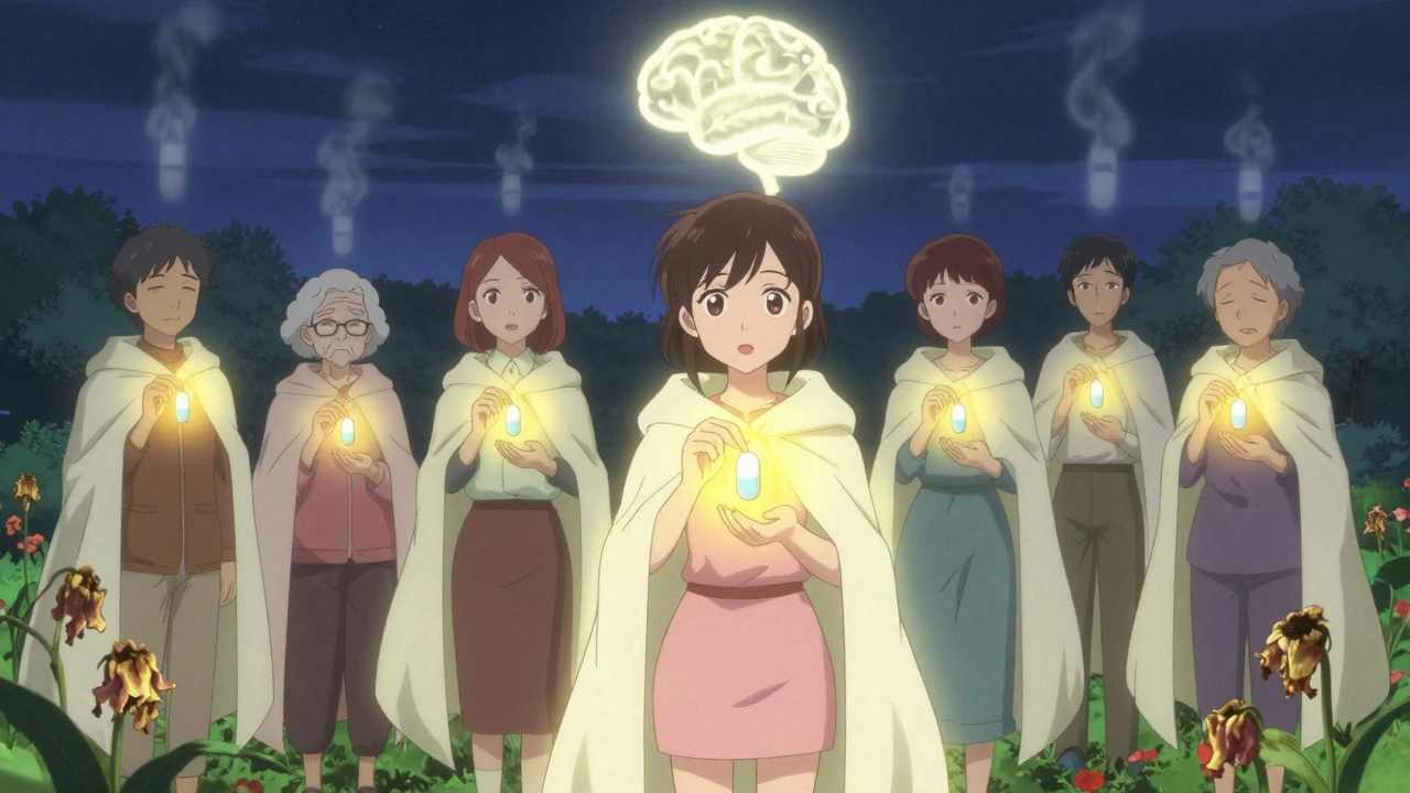 A group of diverse patients in light cloaks stand in a blooming garden, buspirone pills emitting golden aura.
