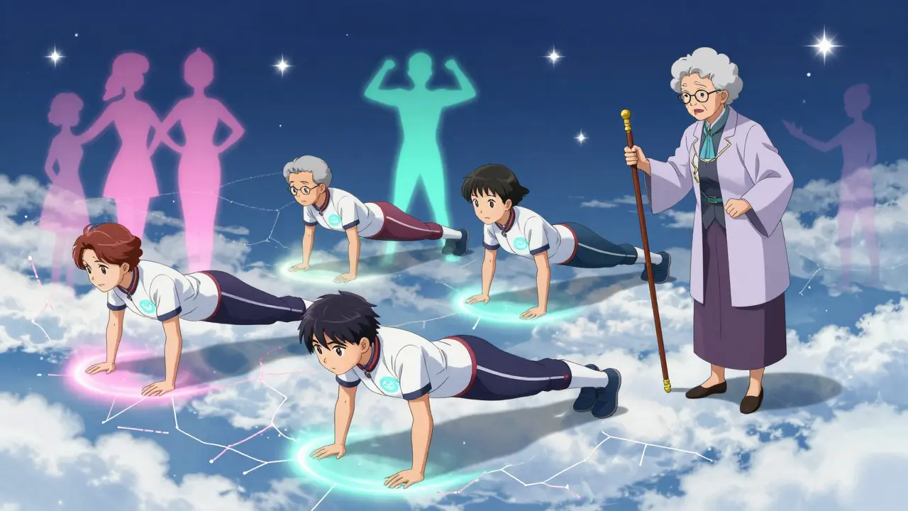 A group of older adults training in a floating community center, releasing light pulses as they exercise.