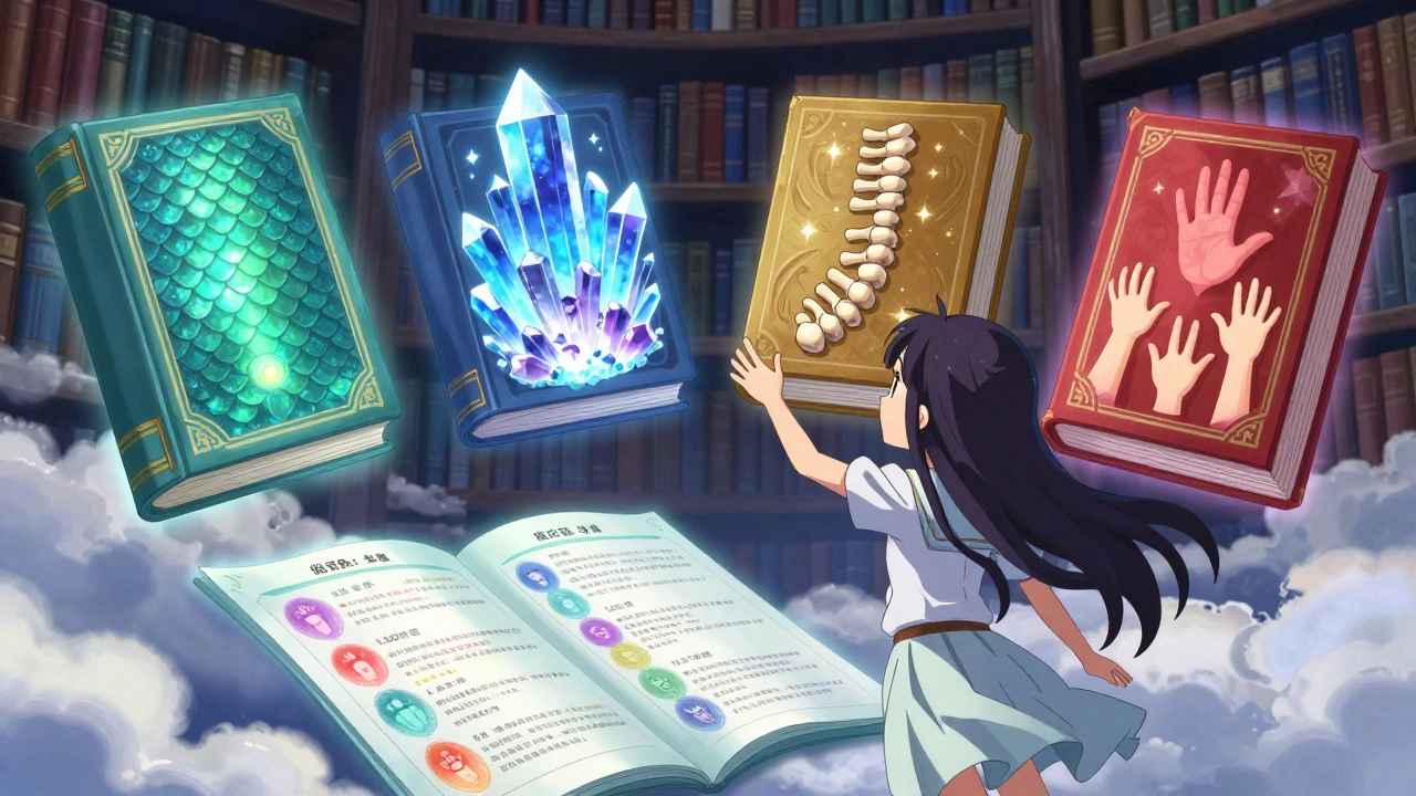 A magical girl opens four glowing books representing psoriatic arthritis, gout, ankylosing spondylitis, and juvenile arthritis.