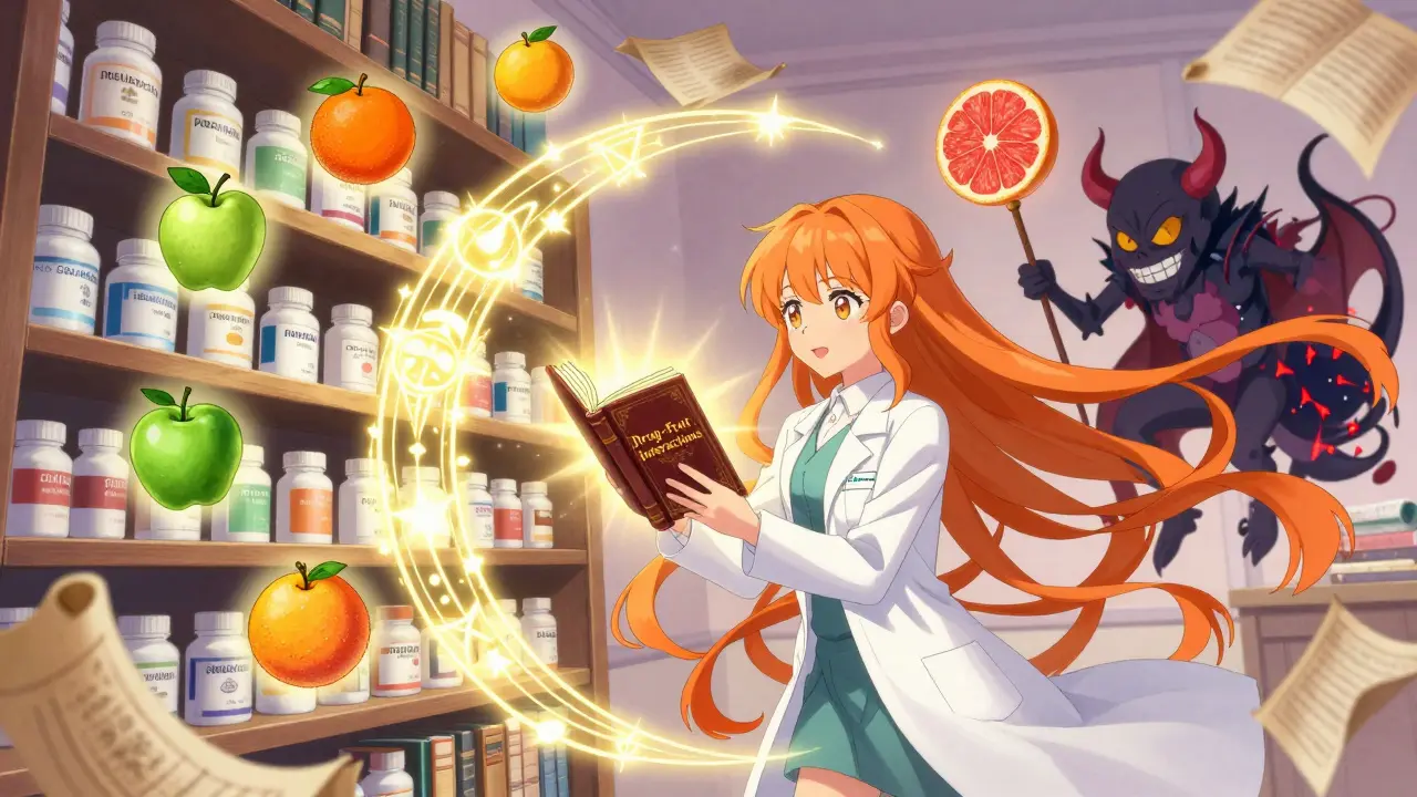 A magical pharmacist casts a protective spell over safe medications while banishing a grapefruit demon.