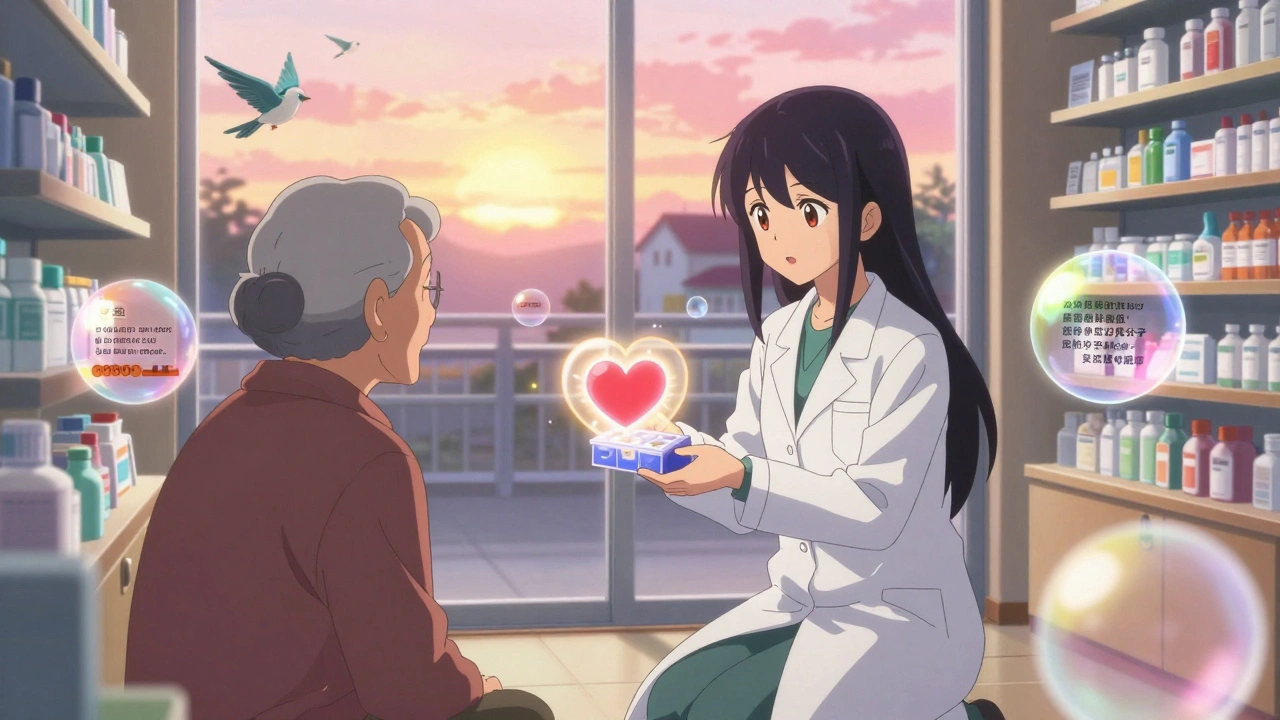 A pharmacist gives a glowing pillbox to an elderly patient, surrounded by floating safety alerts.