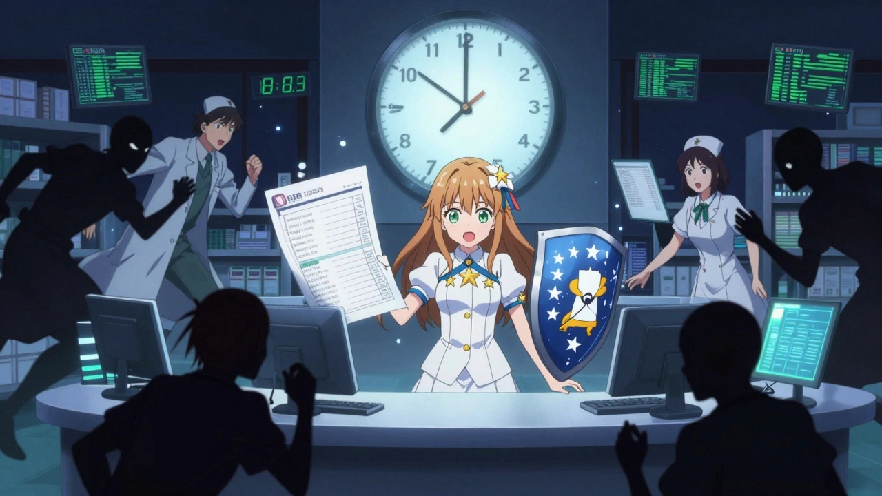 A pharmacy heroine battles shadowy errors like miswritten doses and glitching systems at night.