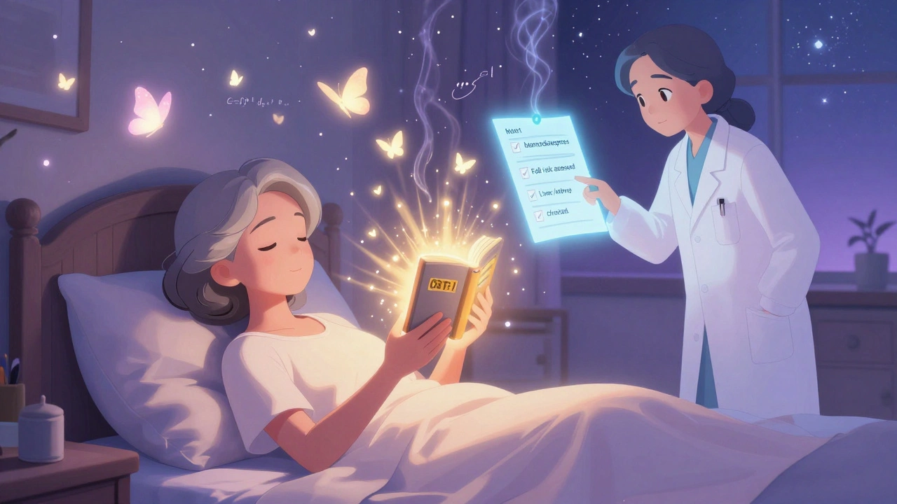 A senior holds a glowing CBT-I book that transforms her night into a starry sky with dream butterflies, guided by a healer.