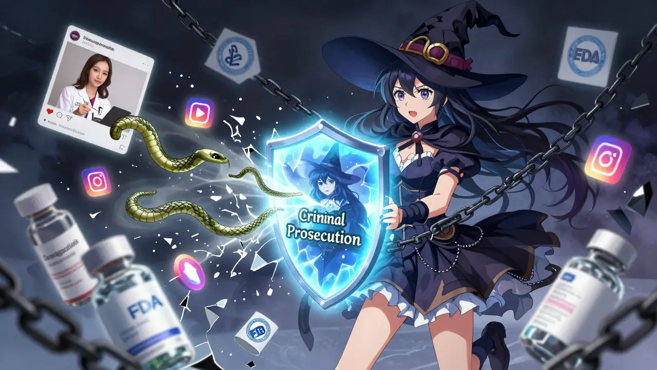 A social media influencer cursed by false health claims is banished by a magical FDA shield.