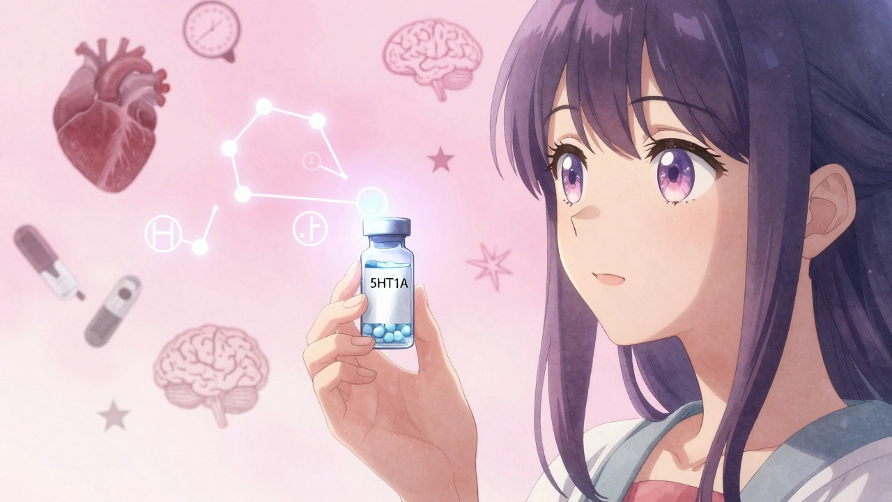 A young woman holds a buspirone vial as shimmering serotonin receptors glow around her, shadows fading.