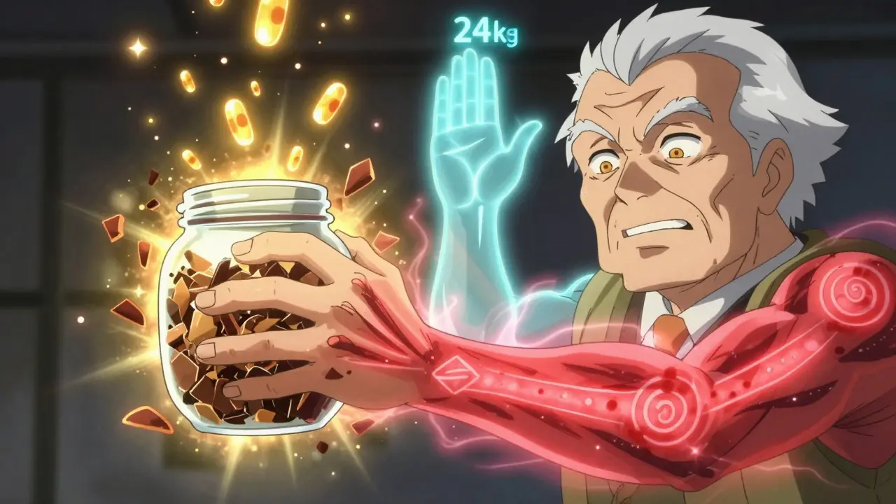 An elderly man’s hand breaking a jar with glowing muscle energy and rising strength metrics.