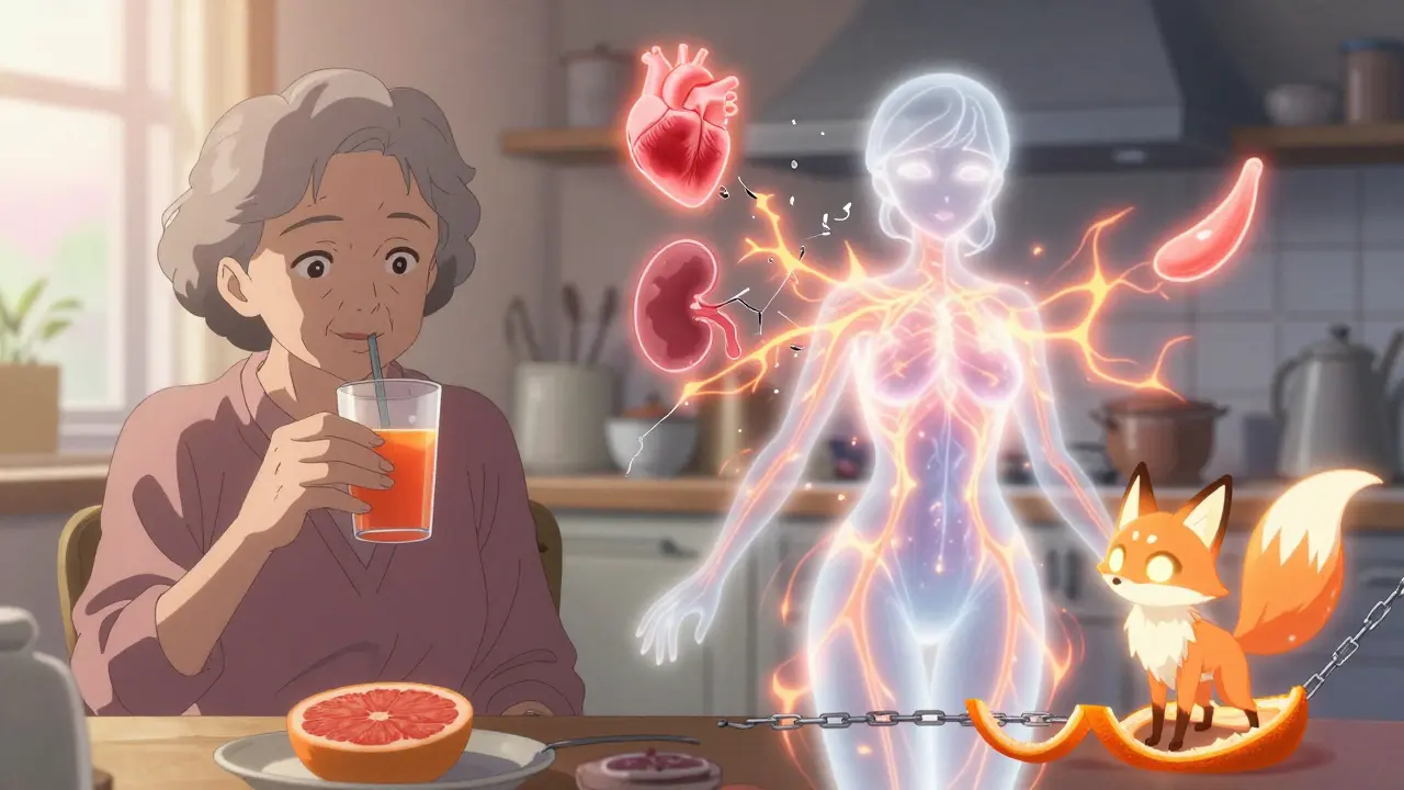 An elderly woman’s body glows with dangerous energy as medical icons shatter around her.