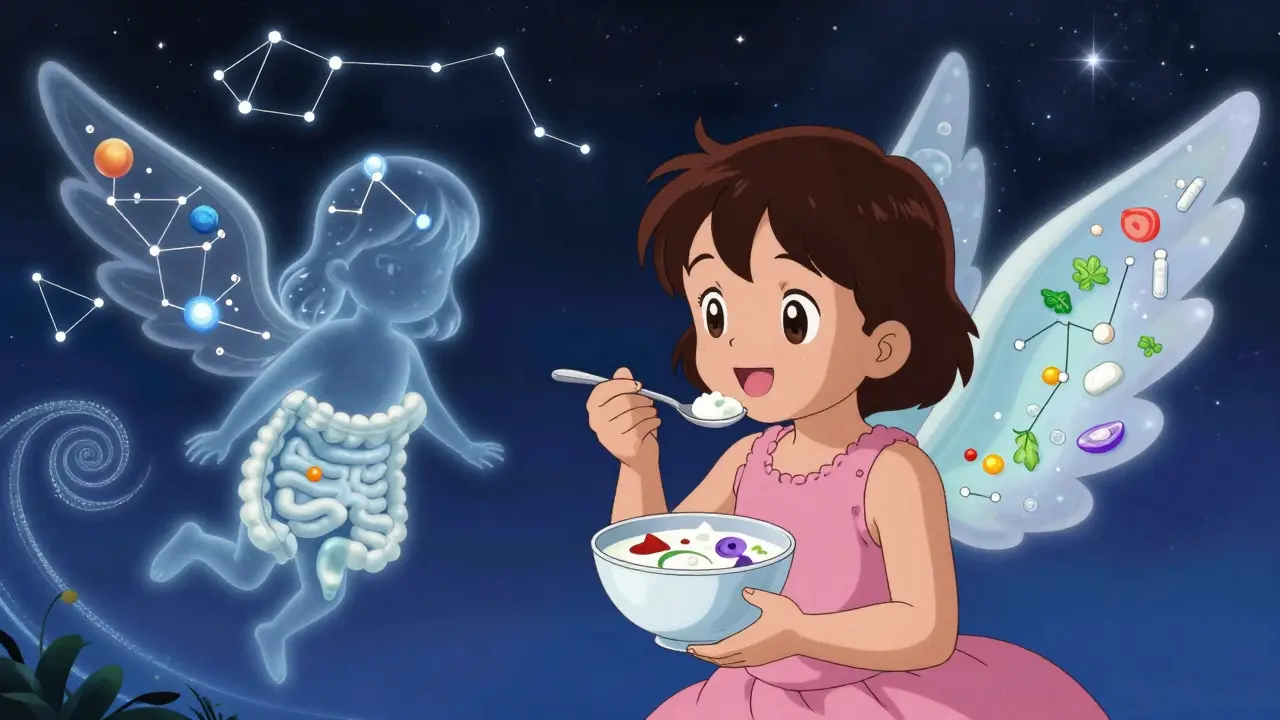 Child eating fermented foods under a starry sky guarded by gut flora angel
