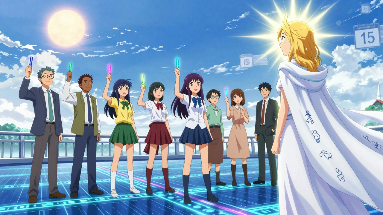 Diverse group holding glowing stool tests on a bridge of health data under a rising sun.