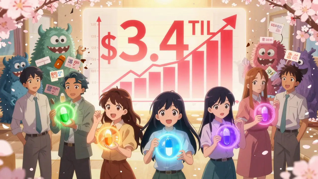 Diverse patients holding glowing generic pills as a trillion-dollar graph rises behind them.