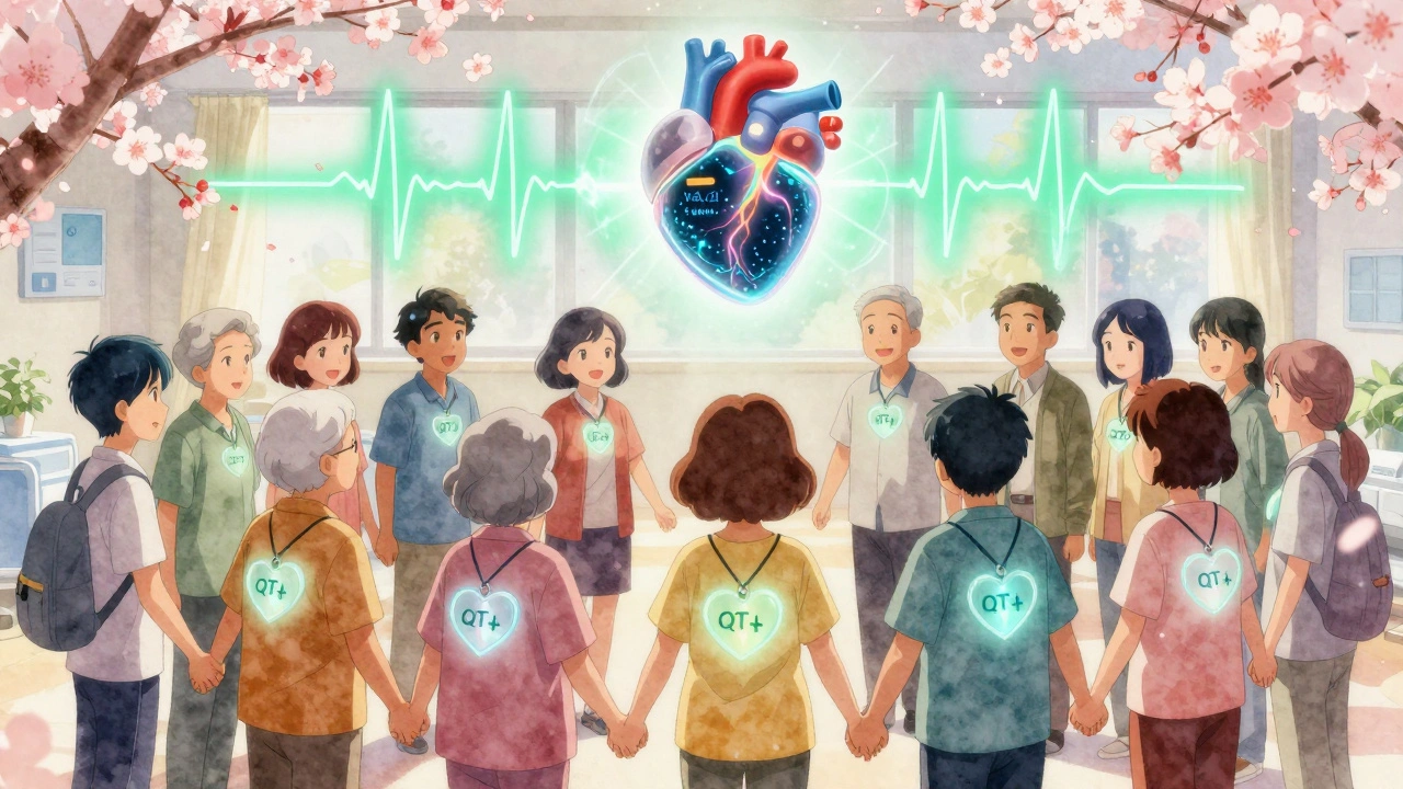 Diverse patients holding heart pendants, AI guardian above, healing ECG waves and falling cherry blossoms