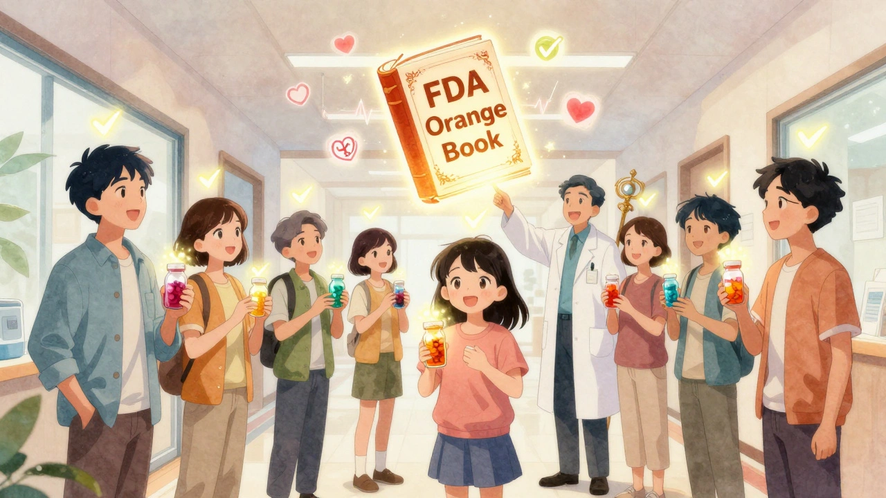 Diverse patients in a clinic hallway with glowing generic pill bottles and a floating FDA Orange Book.