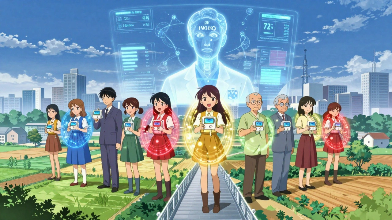 Diverse patients protected by colored INR barriers under a floating AI oracle with holographic data.