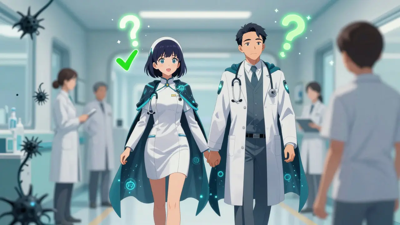 Doctor and pharmacist casting spells to prevent unnecessary antibiotics in hospital