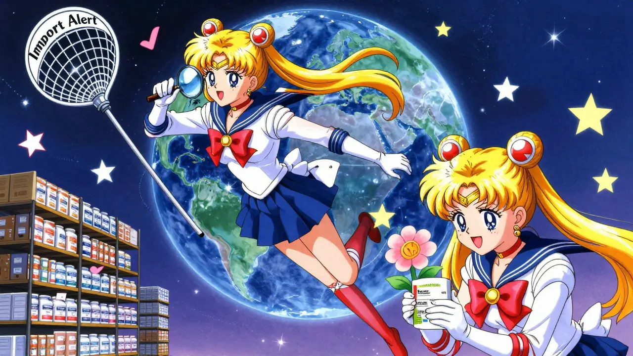 FDA agents deploy an import alert net over global shipments as compliance blooms into flowers.