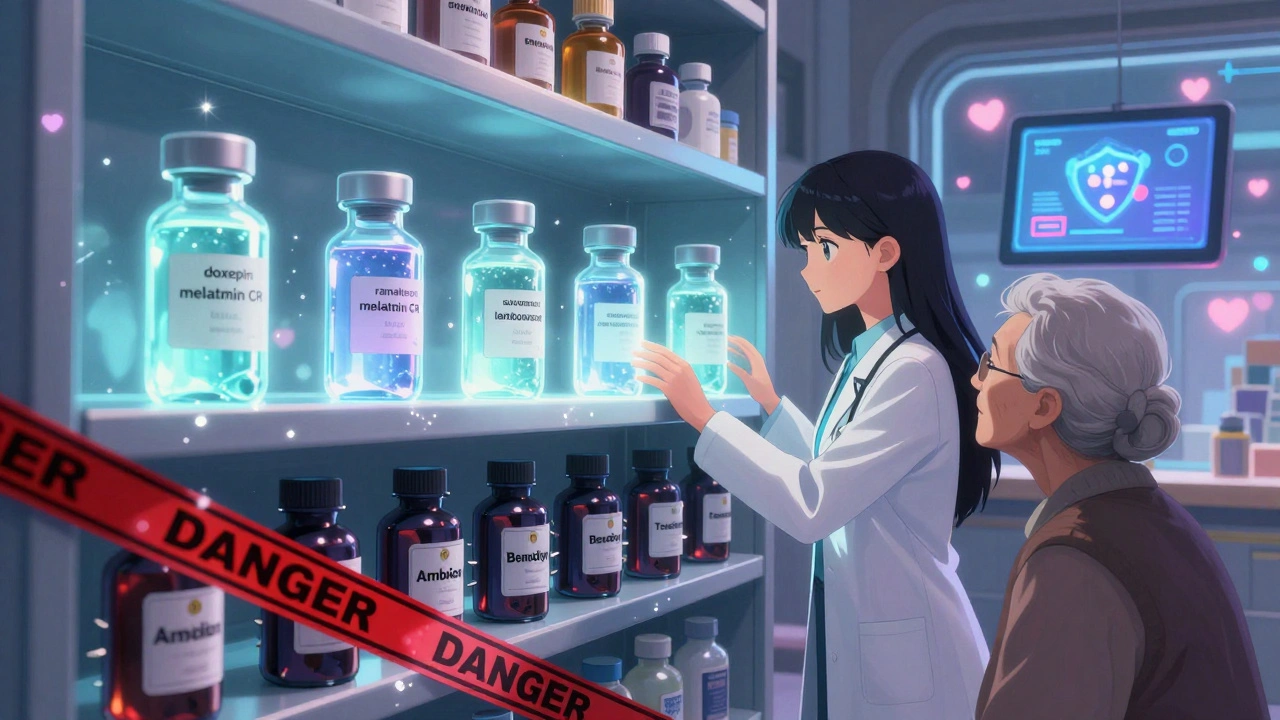 Five safe sleep vials float before a locked barrier of dangerous pills, as a doctor and patient reach for the healing options.